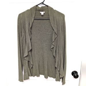 Chico's Ruffle open front Cardigan Sweater olive green Size 1 vanity size